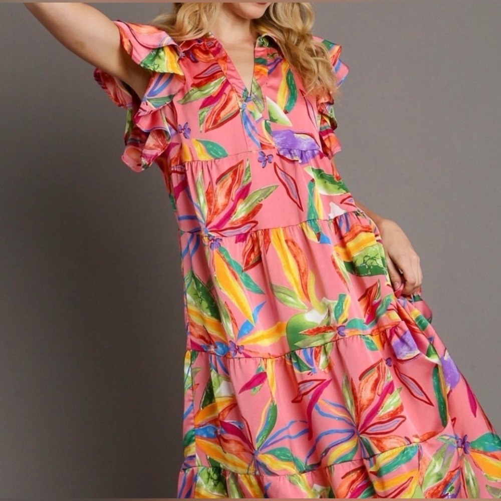 Umgee Pink Tropical Maxi Dress with Multicolor Leaf Print